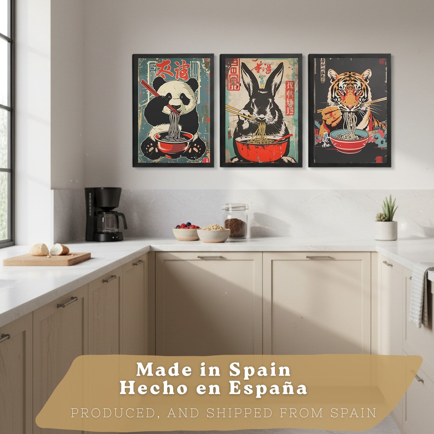 Set de 3 Láminas Animales Ramen Japonés Cuadros Cocina Panda Tigre y Conejo Comiendo Noodles Póster Decoración Pared