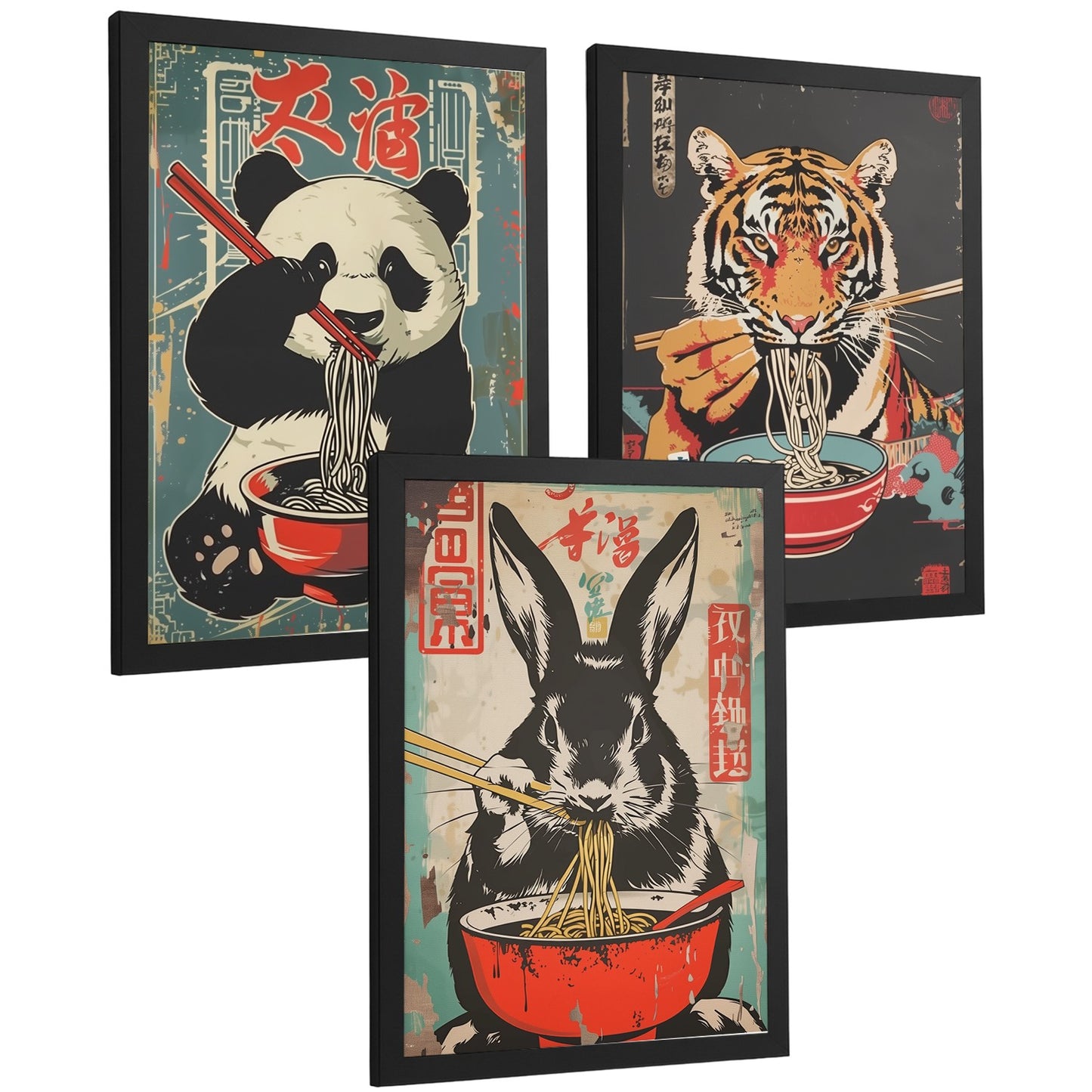 Set de 3 Láminas Animales Ramen Japonés Cuadros Cocina Panda Tigre y Conejo Comiendo Noodles Póster Decoración Pared
