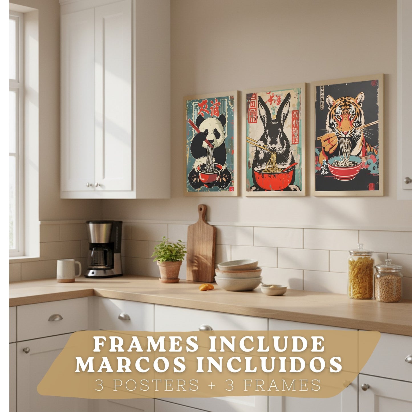 Set de 3 Láminas Animales Ramen Japonés Cuadros Cocina Panda Tigre y Conejo Comiendo Noodles Póster Decoración Pared