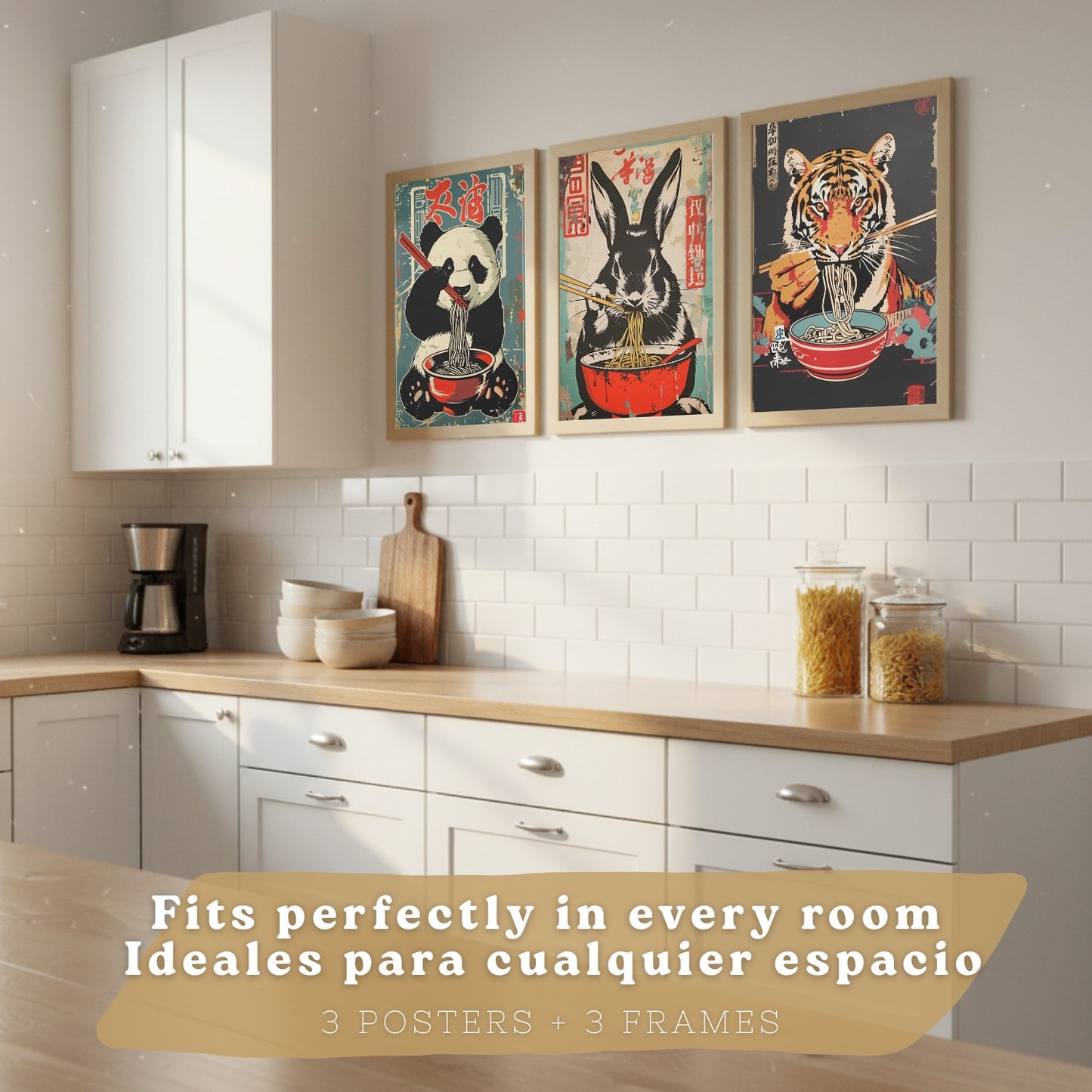 Set de 3 Láminas Animales Ramen Japonés Cuadros Cocina Panda Tigre y Conejo Comiendo Noodles Póster Decoración Pared