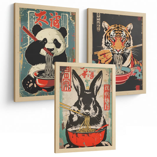 Set de 3 Láminas Animales Ramen Japonés Cuadros Cocina Panda Tigre y Conejo Comiendo Noodles Póster Decoración Pared