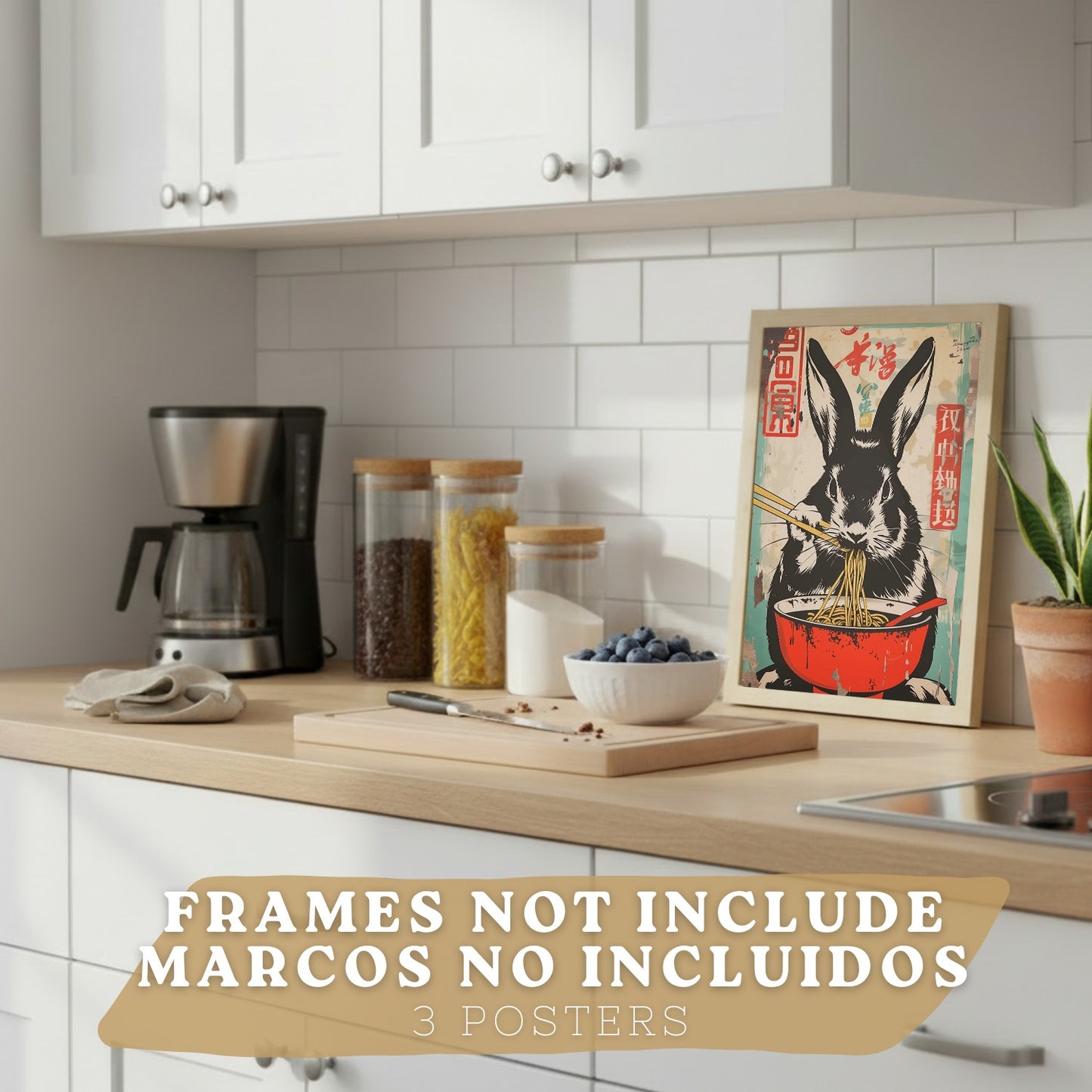 Set de 3 Láminas Animales Ramen Japonés Cuadros Cocina Panda Tigre y Conejo Comiendo Noodles Póster Decoración Pared