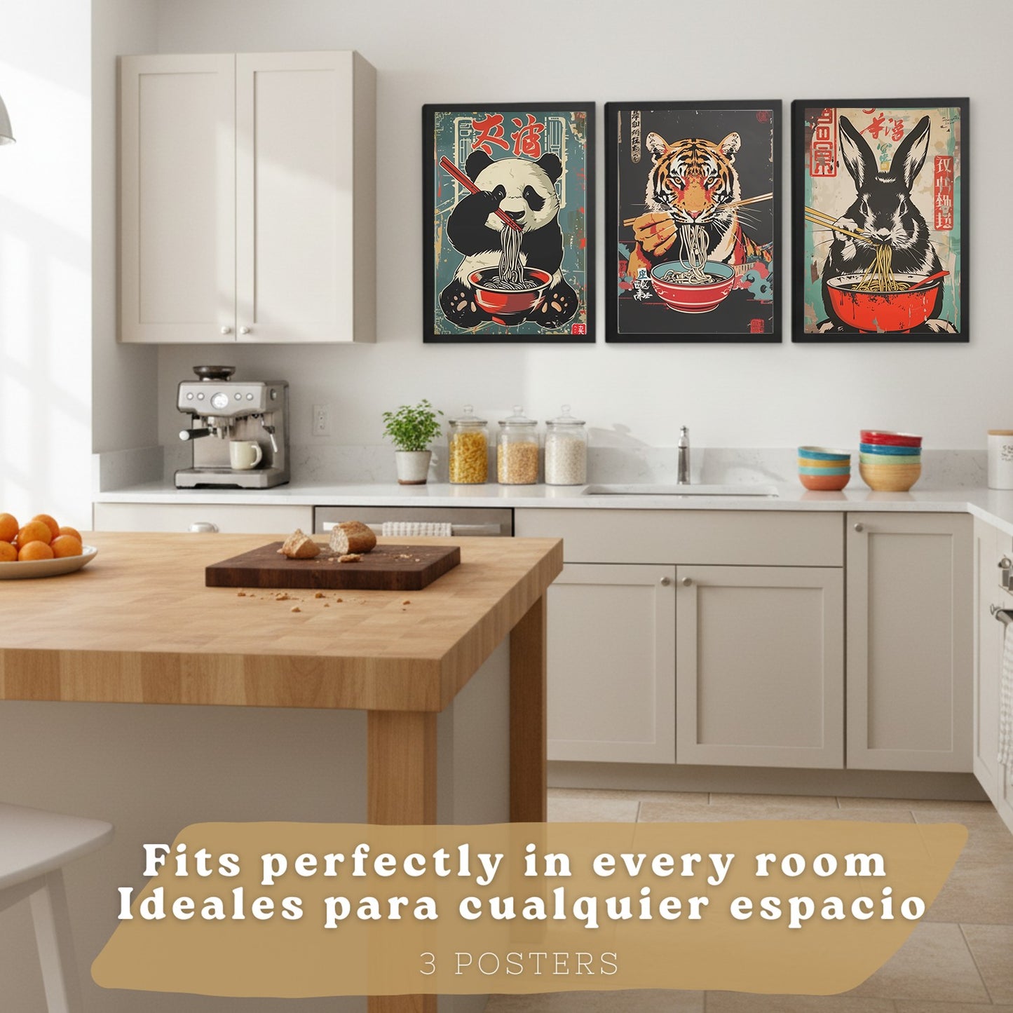 Set de 3 Láminas Animales Ramen Japonés Cuadros Cocina Panda Tigre y Conejo Comiendo Noodles Póster Decoración Pared