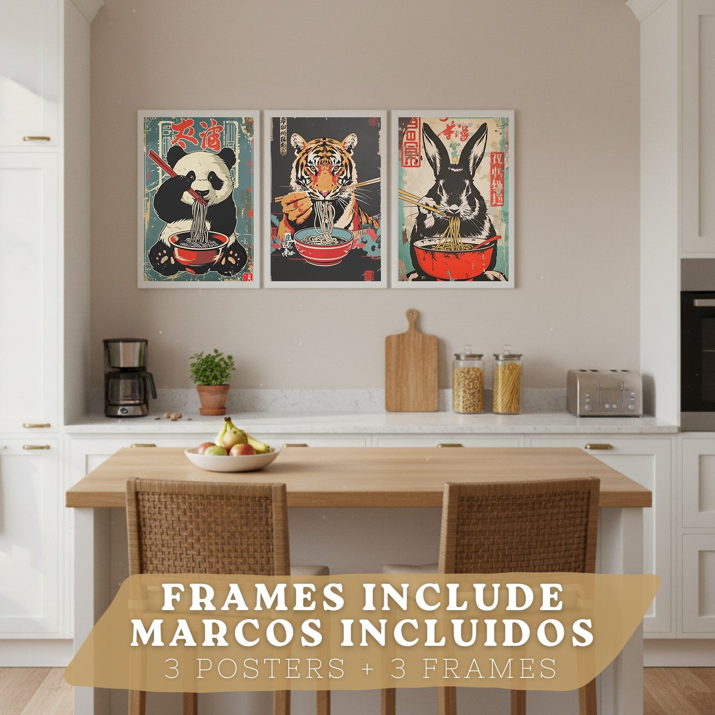 Set de 3 Láminas Animales Ramen Japonés Cuadros Cocina Panda Tigre y Conejo Comiendo Noodles Póster Decoración Pared