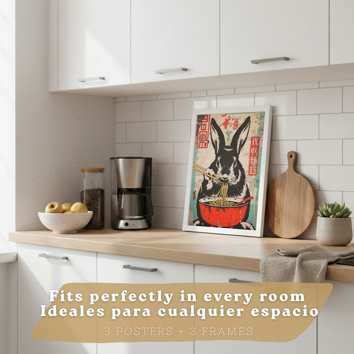 Set de 3 Láminas Animales Ramen Japonés Cuadros Cocina Panda Tigre y Conejo Comiendo Noodles Póster Decoración Pared