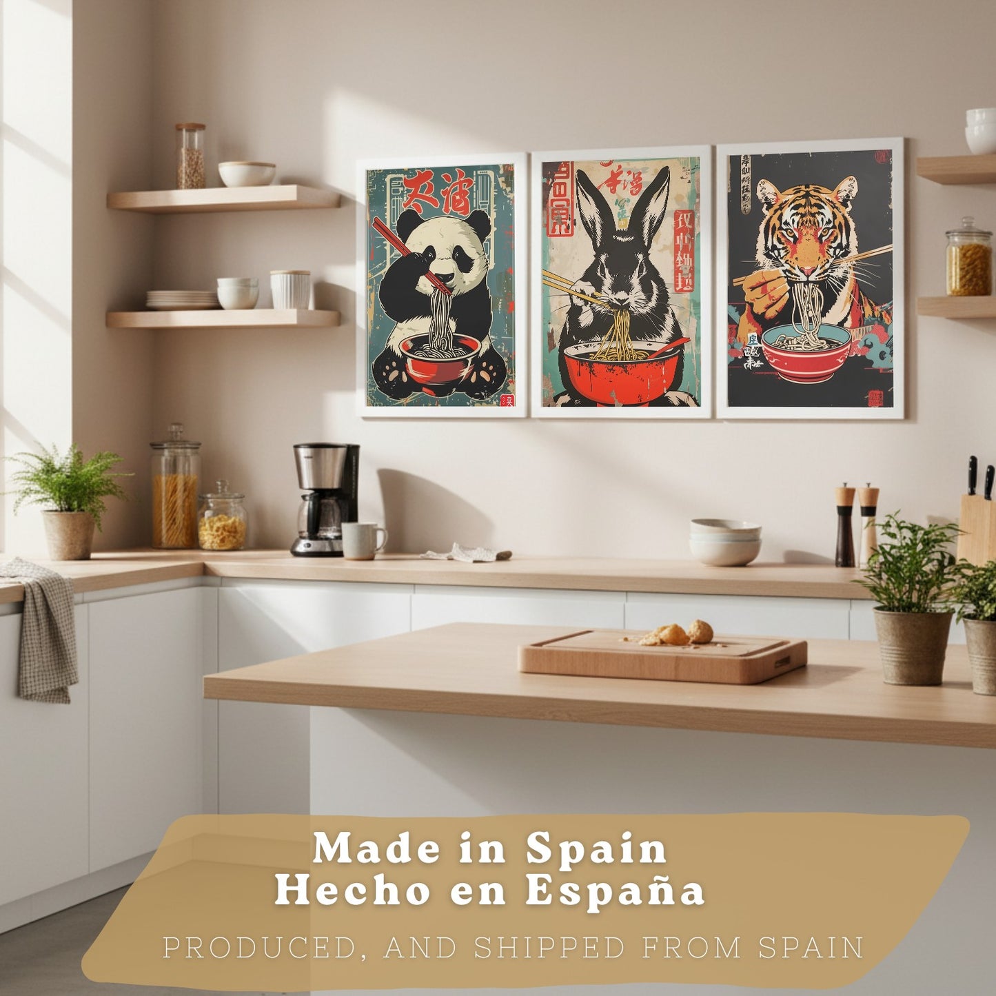 Set de 3 Láminas Animales Ramen Japonés Cuadros Cocina Panda Tigre y Conejo Comiendo Noodles Póster Decoración Pared