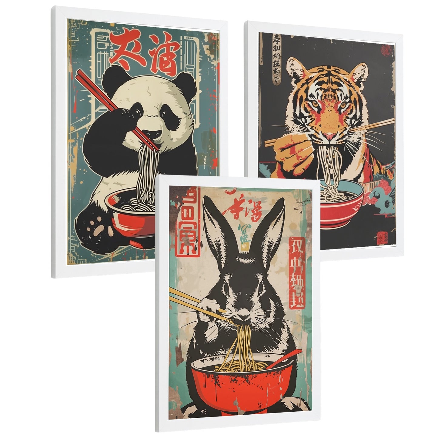 Set de 3 Láminas Animales Ramen Japonés Cuadros Cocina Panda Tigre y Conejo Comiendo Noodles Póster Decoración Pared