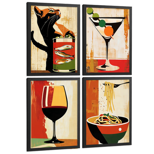 Set de 4 Láminas Cocina Vintage Retro Cuadros Pared Gato Sardinas Martini Vino y Pasta Póster Decoración Comedor Bar