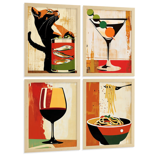 Set de 4 Láminas Cocina Vintage Retro Cuadros Pared Gato Sardinas Martini Vino y Pasta Póster Decoración Comedor Bar