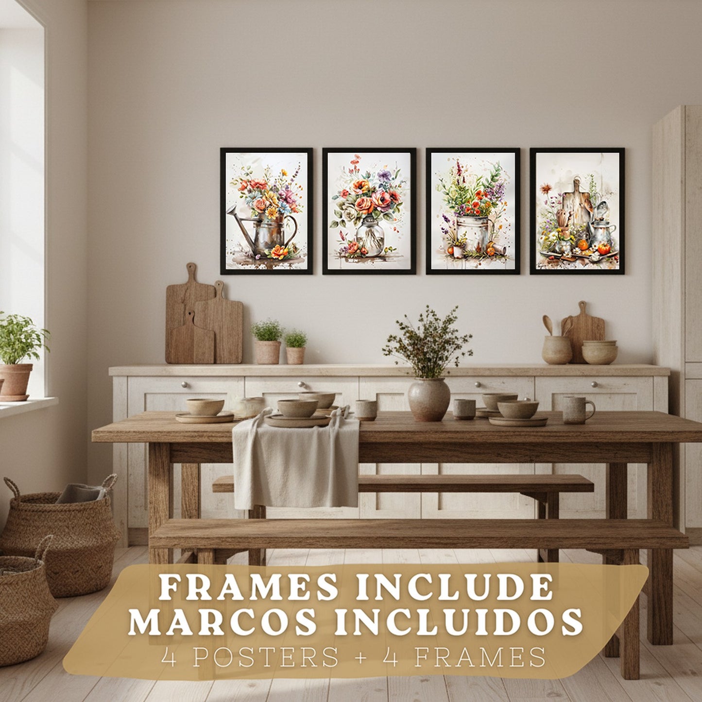 Set de 4 Láminas Flores y Cocina Acuarela Cuadros Pared Regadera Jarrón y Utensilios Botánico Póster Decoración Salón