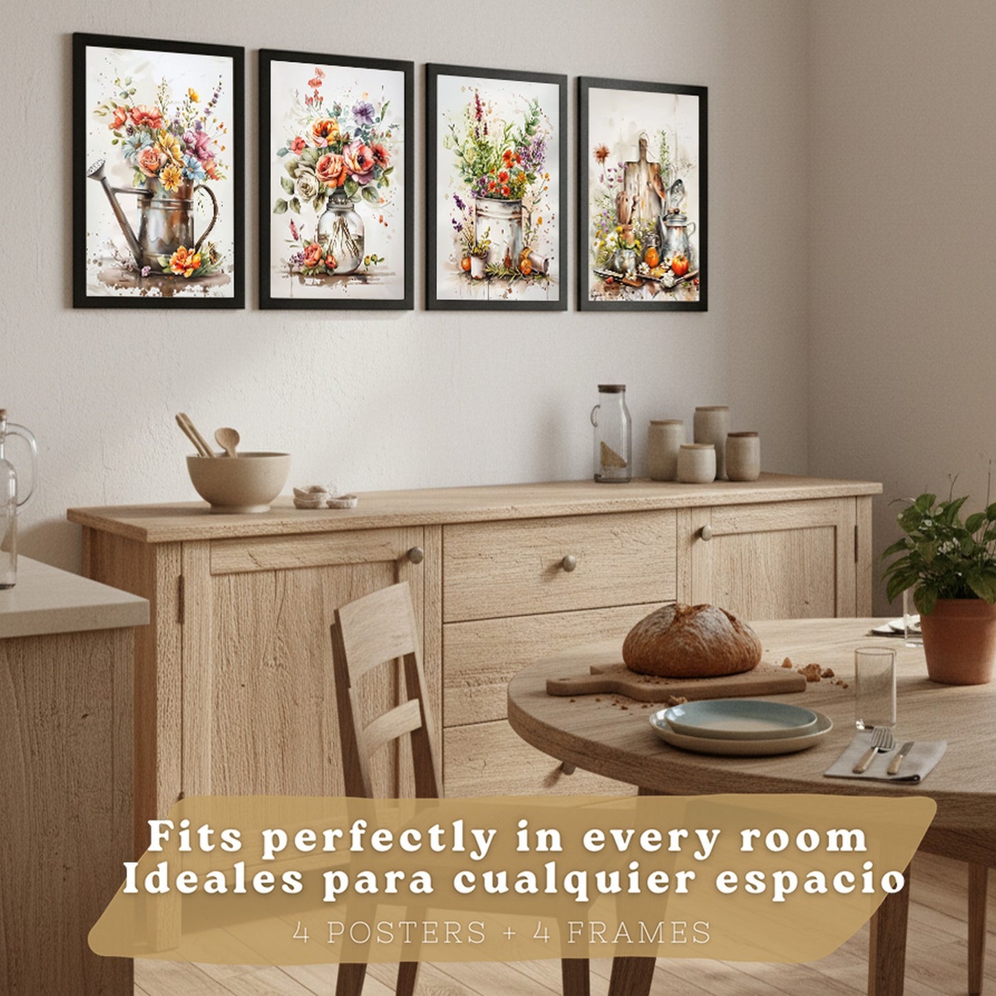 Set de 4 Láminas Flores y Cocina Acuarela Cuadros Pared Regadera Jarrón y Utensilios Botánico Póster Decoración Salón