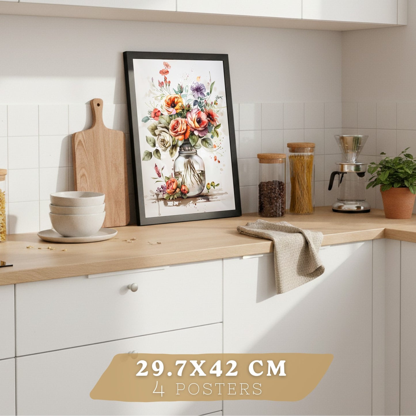 Set de 4 Láminas Flores y Cocina Acuarela Cuadros Pared Regadera Jarrón y Utensilios Botánico Póster Decoración Salón