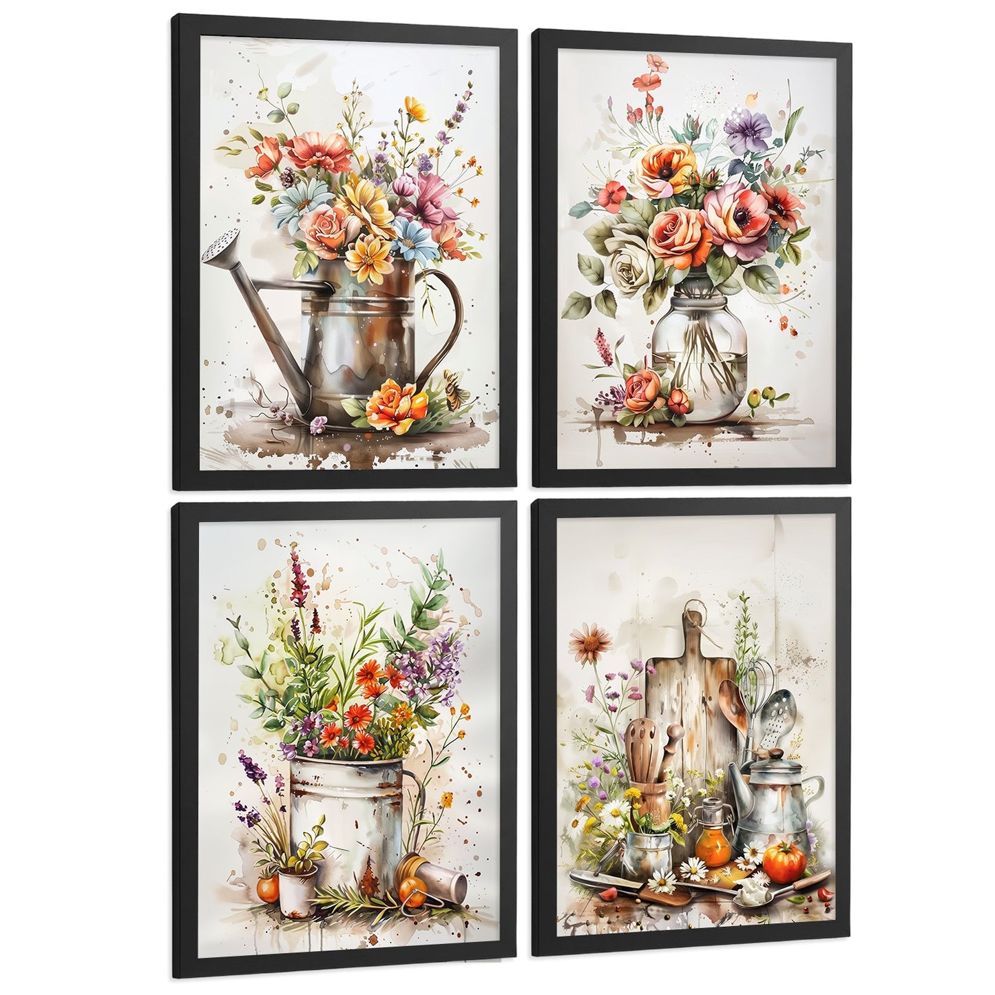 Set de 4 Láminas Flores y Cocina Acuarela Cuadros Pared Regadera Jarrón y Utensilios Botánico Póster Decoración Salón