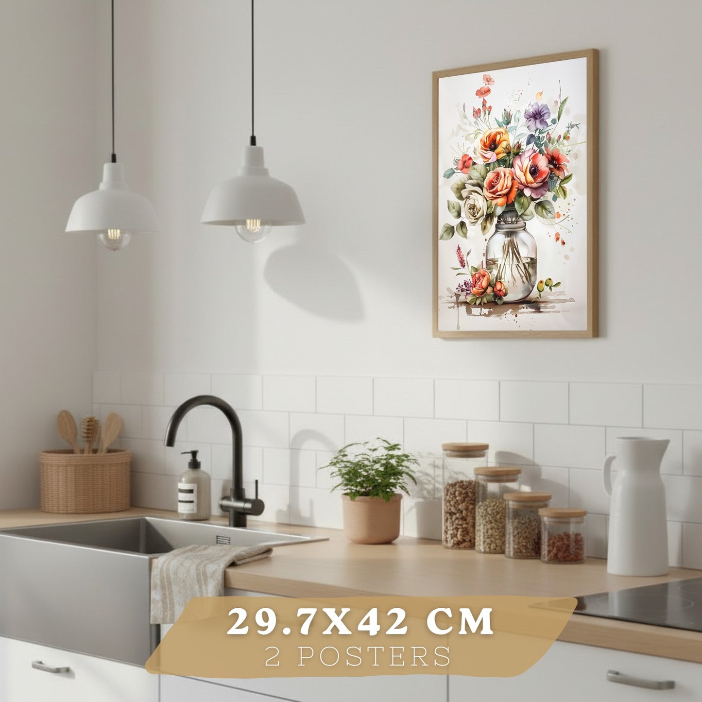 Set de 4 Láminas Flores y Cocina Acuarela Cuadros Pared Regadera Jarrón y Utensilios Botánico Póster Decoración Salón