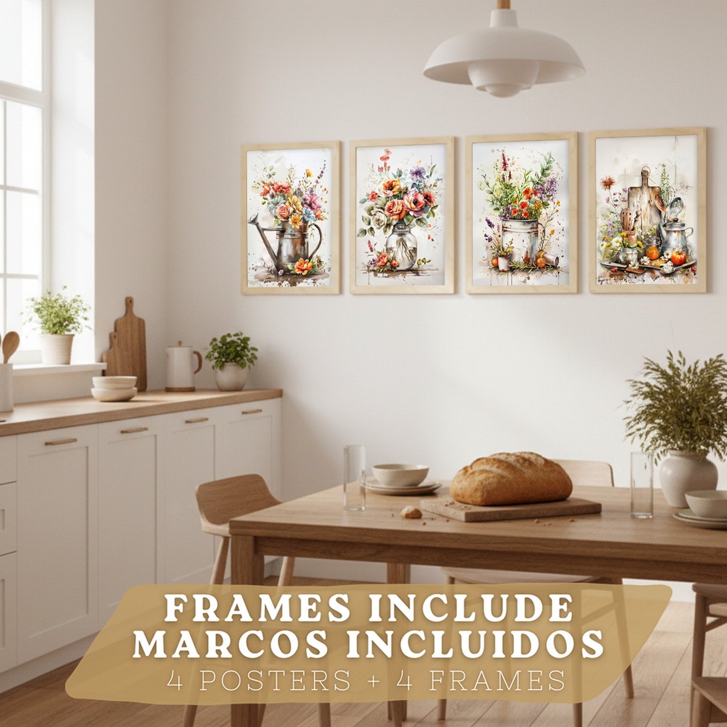 Set de 4 Láminas Flores y Cocina Acuarela Cuadros Pared Regadera Jarrón y Utensilios Botánico Póster Decoración Salón
