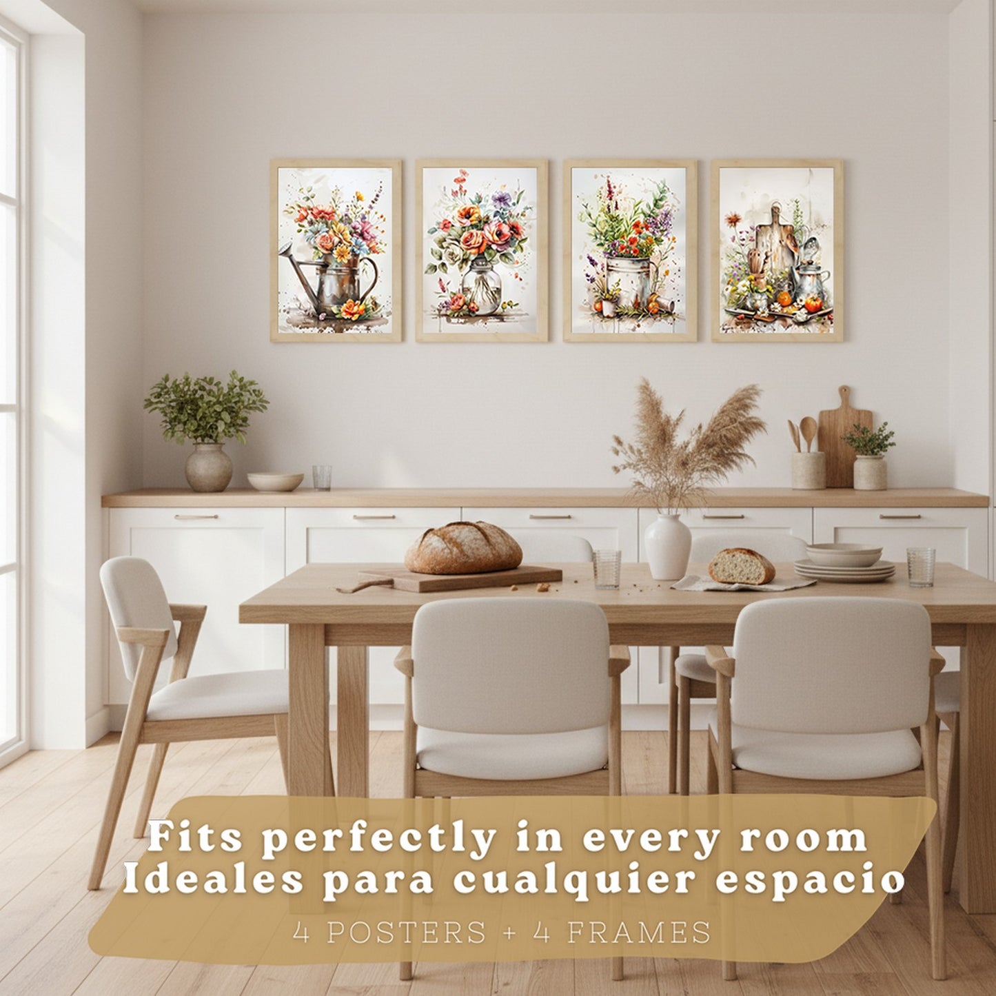 Set de 4 Láminas Flores y Cocina Acuarela Cuadros Pared Regadera Jarrón y Utensilios Botánico Póster Decoración Salón