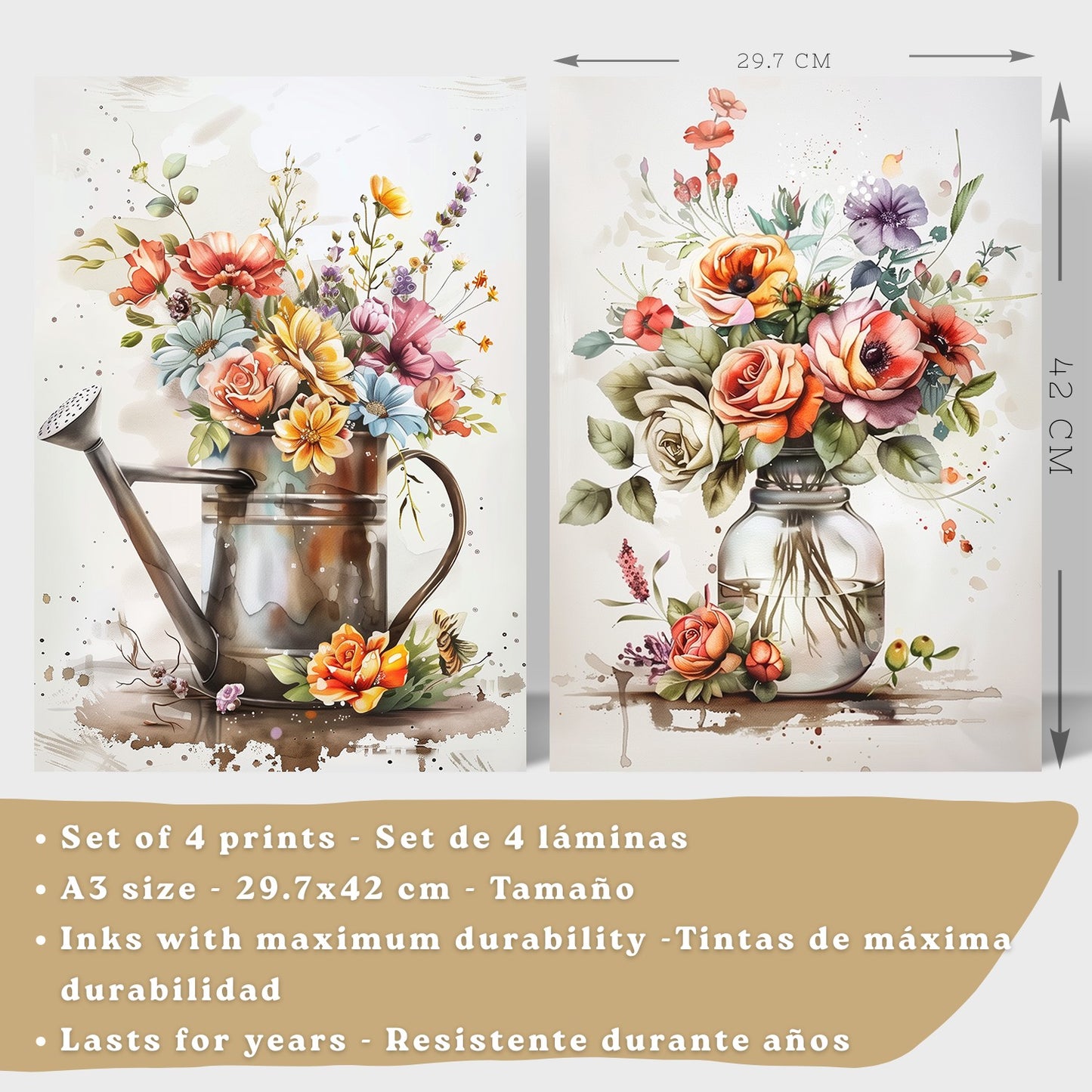 Set de 4 Láminas Flores y Cocina Acuarela Cuadros Pared Regadera Jarrón y Utensilios Botánico Póster Decoración Salón