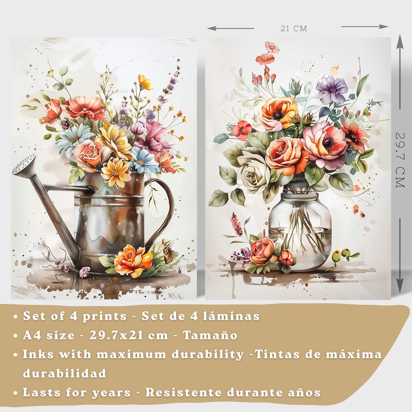 Set de 4 Láminas Flores y Cocina Acuarela Cuadros Pared Regadera Jarrón y Utensilios Botánico Póster Decoración Salón