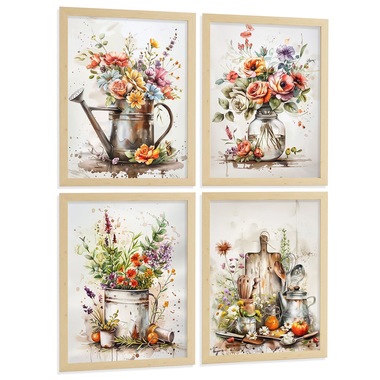 Set de 4 Láminas Flores y Cocina Acuarela Cuadros Pared Regadera Jarrón y Utensilios Botánico Póster Decoración Salón