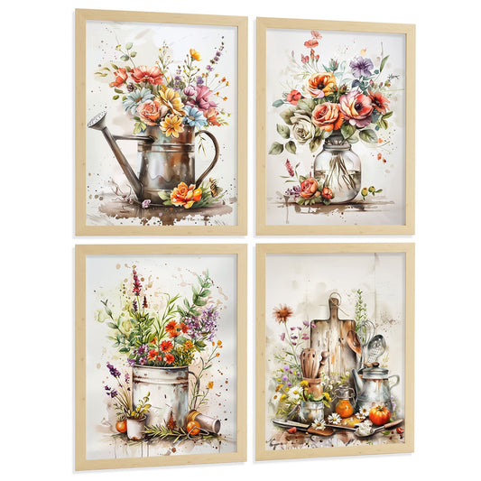 Set de 4 Láminas Flores y Cocina Acuarela Cuadros Pared Regadera Jarrón y Utensilios Botánico Póster Decoración Salón