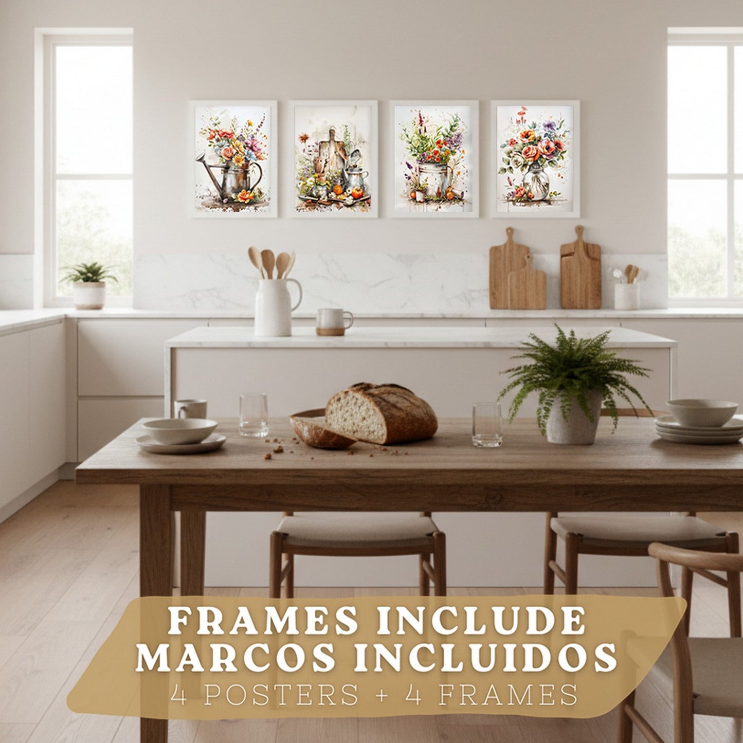 Set de 4 Láminas Flores y Cocina Acuarela Cuadros Pared Regadera Jarrón y Utensilios Botánico Póster Decoración Salón