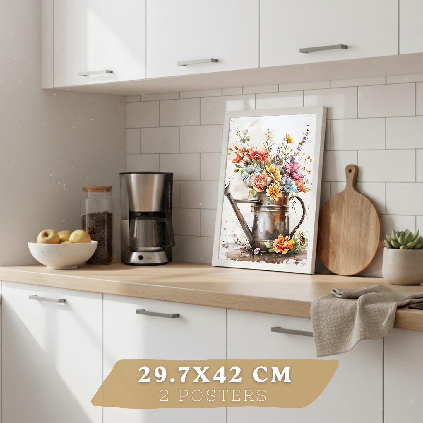 Set de 4 Láminas Flores y Cocina Acuarela Cuadros Pared Regadera Jarrón y Utensilios Botánico Póster Decoración Salón
