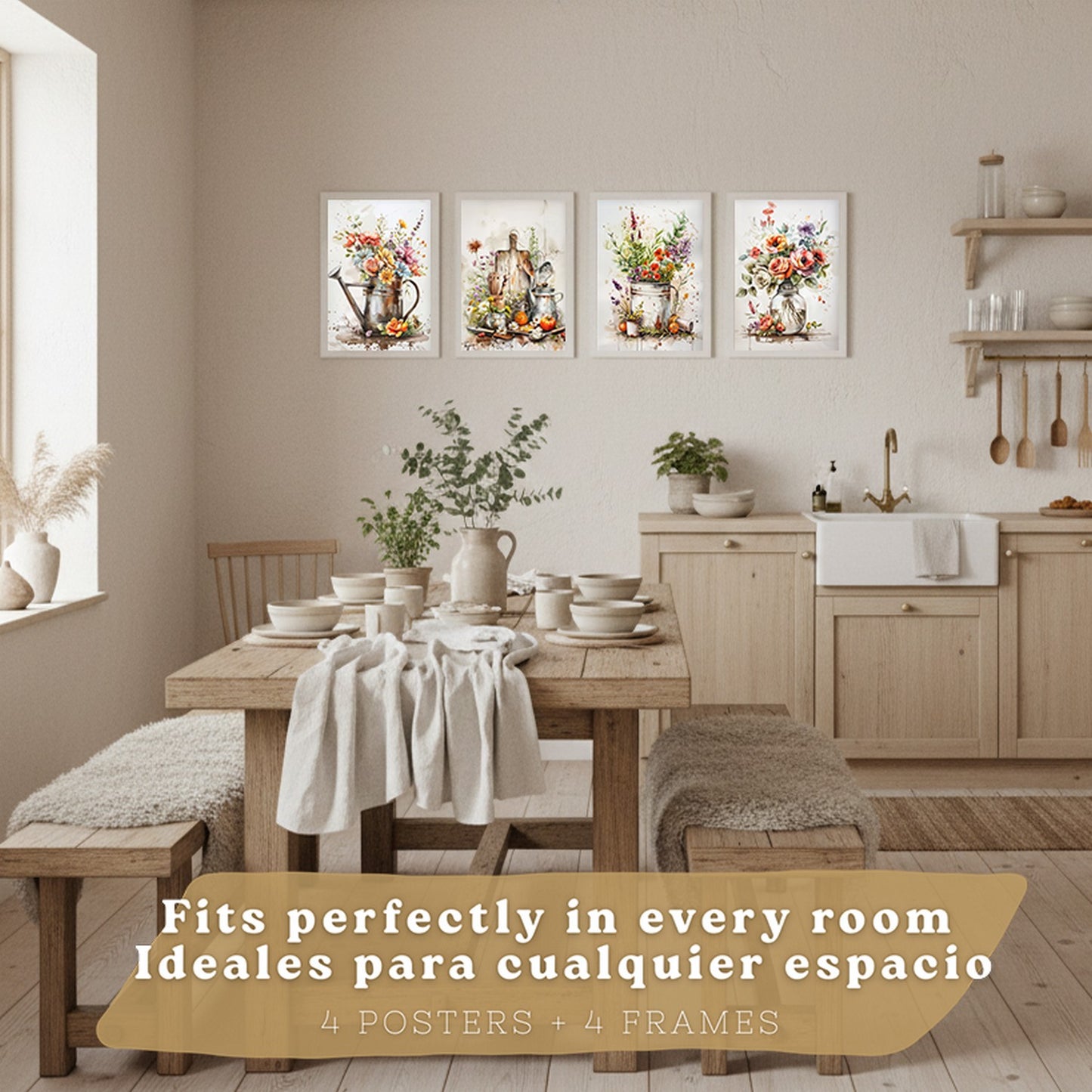 Set de 4 Láminas Flores y Cocina Acuarela Cuadros Pared Regadera Jarrón y Utensilios Botánico Póster Decoración Salón