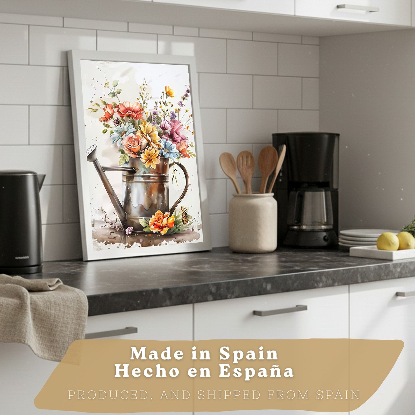 Set de 4 Láminas Flores y Cocina Acuarela Cuadros Pared Regadera Jarrón y Utensilios Botánico Póster Decoración Salón