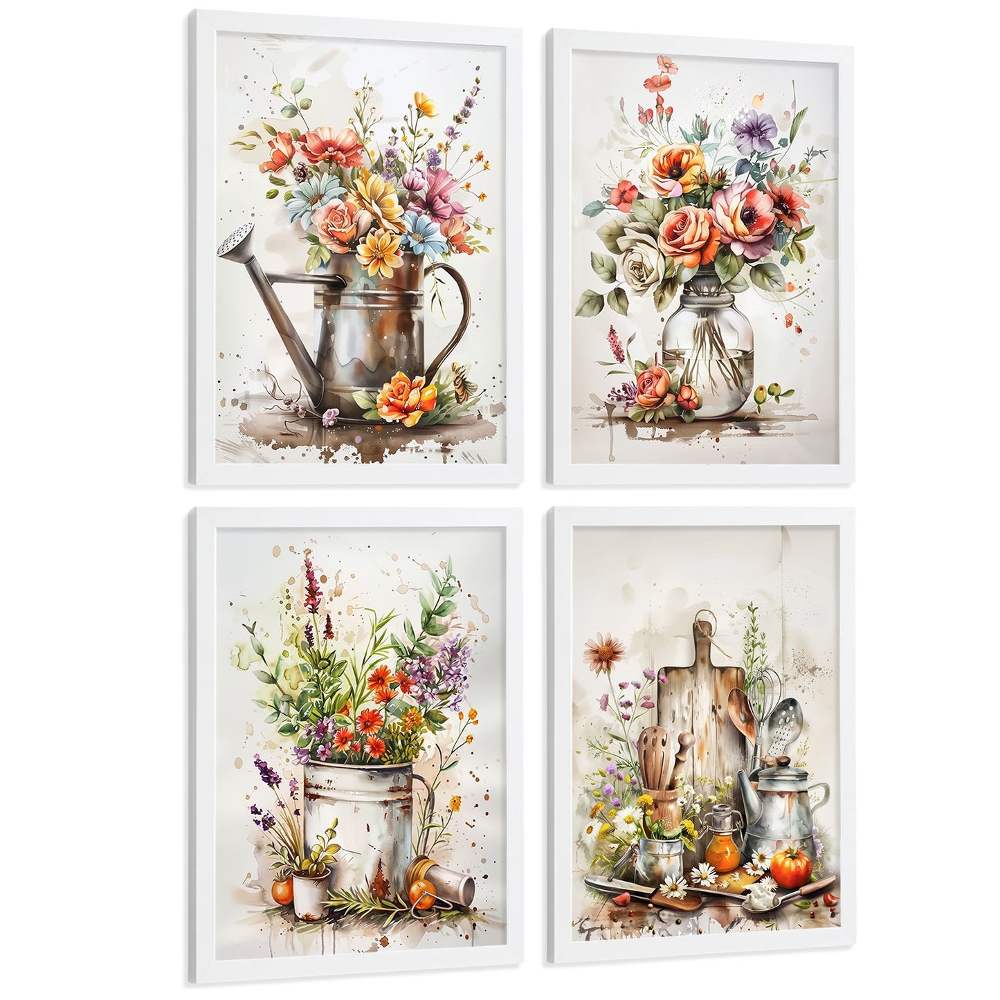 Set de 4 Láminas Flores y Cocina Acuarela Cuadros Pared Regadera Jarrón y Utensilios Botánico Póster Decoración Salón
