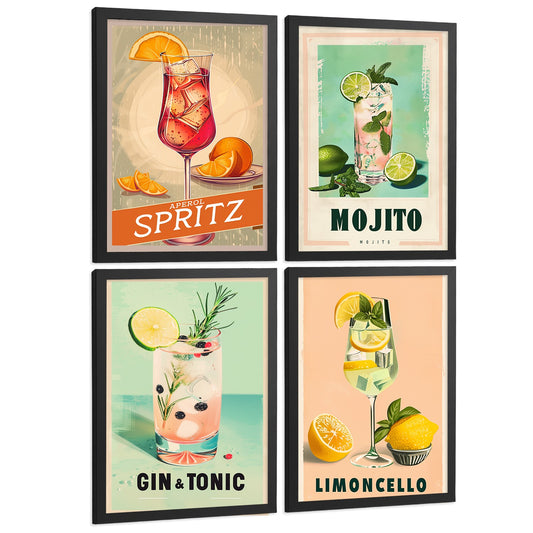 Set de 4 Láminas Cócteles Vintage Cuadros Cocina Mojito Gin Tonic y Limoncello Retro Colorido Póster Decoración Pared Bar