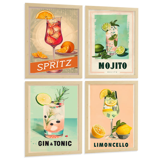 Set de 4 Láminas Cócteles Vintage Cuadros Cocina Mojito Gin Tonic y Limoncello Retro Colorido Póster Decoración Pared Bar