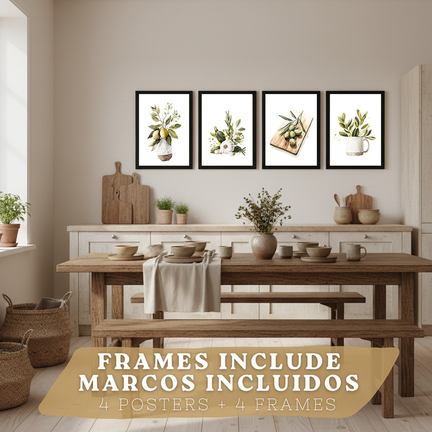 Set de 4 Láminas Cocina Mediterránea Acuarela Cuadros Pared Limones Ajo Aceitunas y Hierbas Aromáticas Póster Decoración Comedor