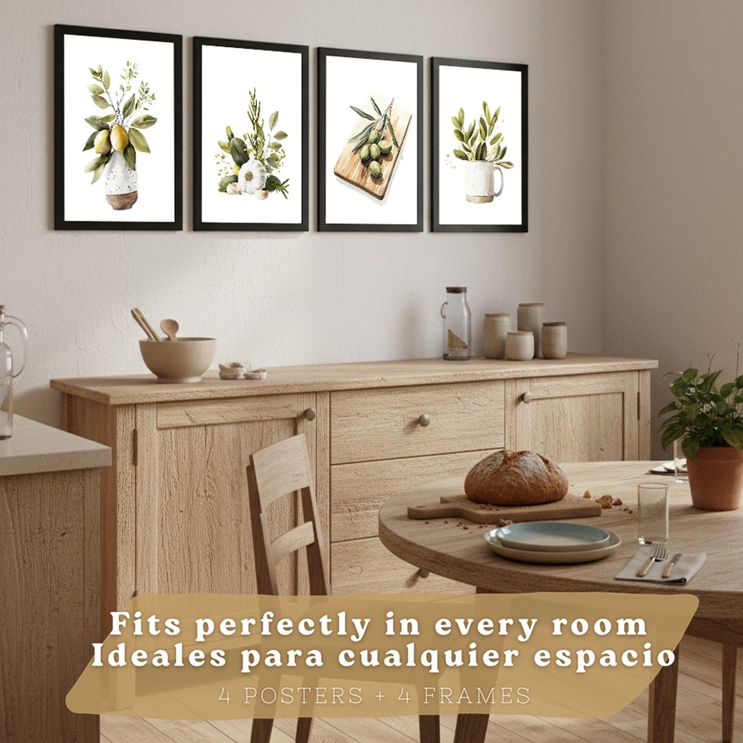 Set de 4 Láminas Cocina Mediterránea Acuarela Cuadros Pared Limones Ajo Aceitunas y Hierbas Aromáticas Póster Decoración Comedor