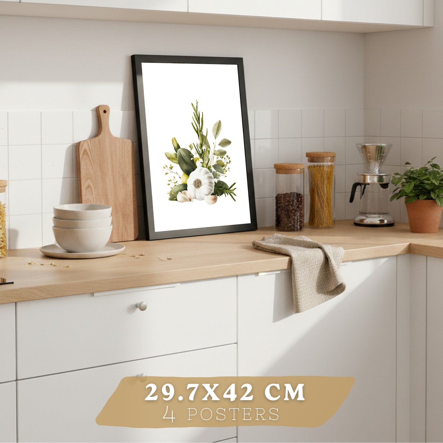Set de 4 Láminas Cocina Mediterránea Acuarela Cuadros Pared Limones Ajo Aceitunas y Hierbas Aromáticas Póster Decoración Comedor