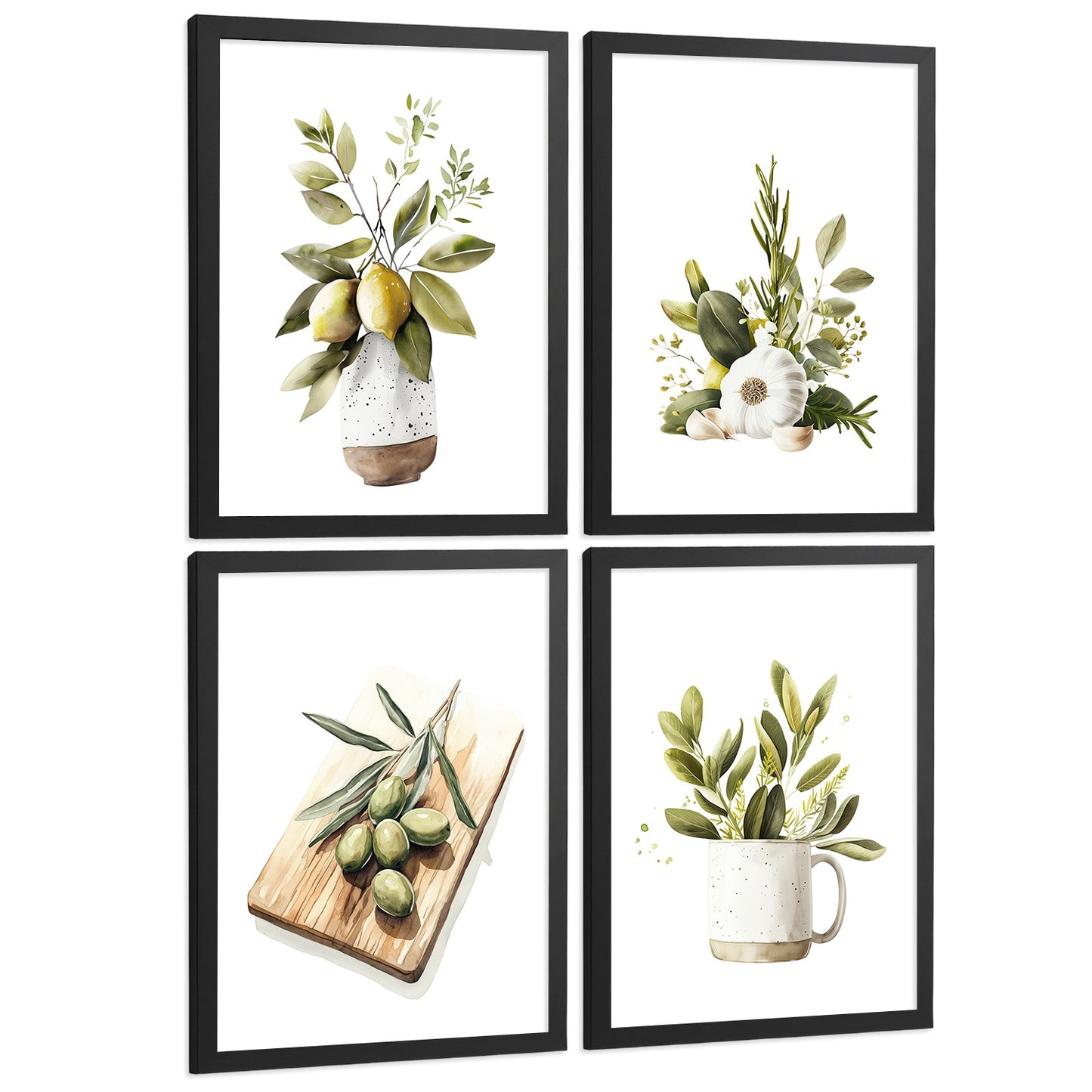 Set de 4 Láminas Cocina Mediterránea Acuarela Cuadros Pared Limones Ajo Aceitunas y Hierbas Aromáticas Póster Decoración Comedor