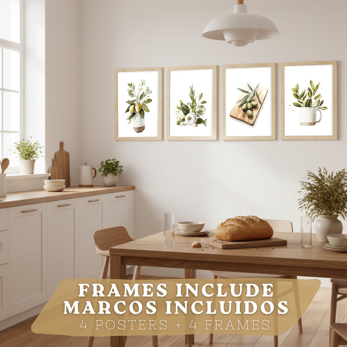 Set de 4 Láminas Cocina Mediterránea Acuarela Cuadros Pared Limones Ajo Aceitunas y Hierbas Aromáticas Póster Decoración Comedor