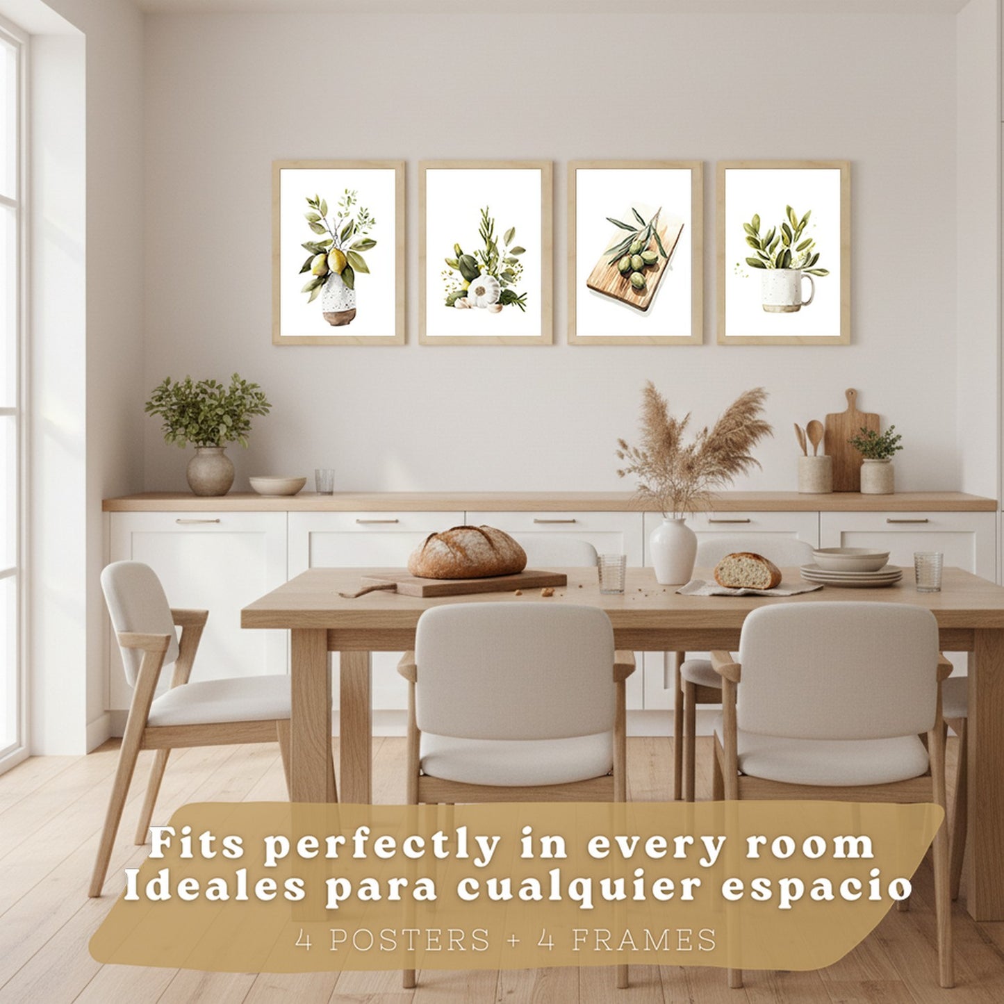 Set de 4 Láminas Cocina Mediterránea Acuarela Cuadros Pared Limones Ajo Aceitunas y Hierbas Aromáticas Póster Decoración Comedor