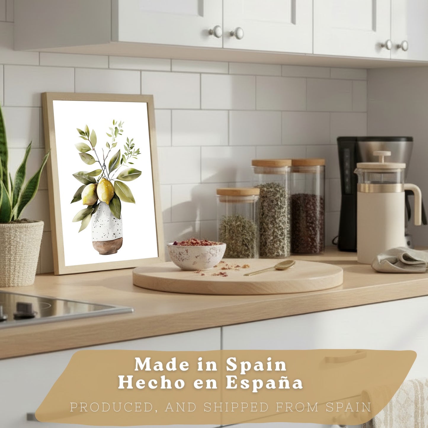 Set de 4 Láminas Cocina Mediterránea Acuarela Cuadros Pared Limones Ajo Aceitunas y Hierbas Aromáticas Póster Decoración Comedor
