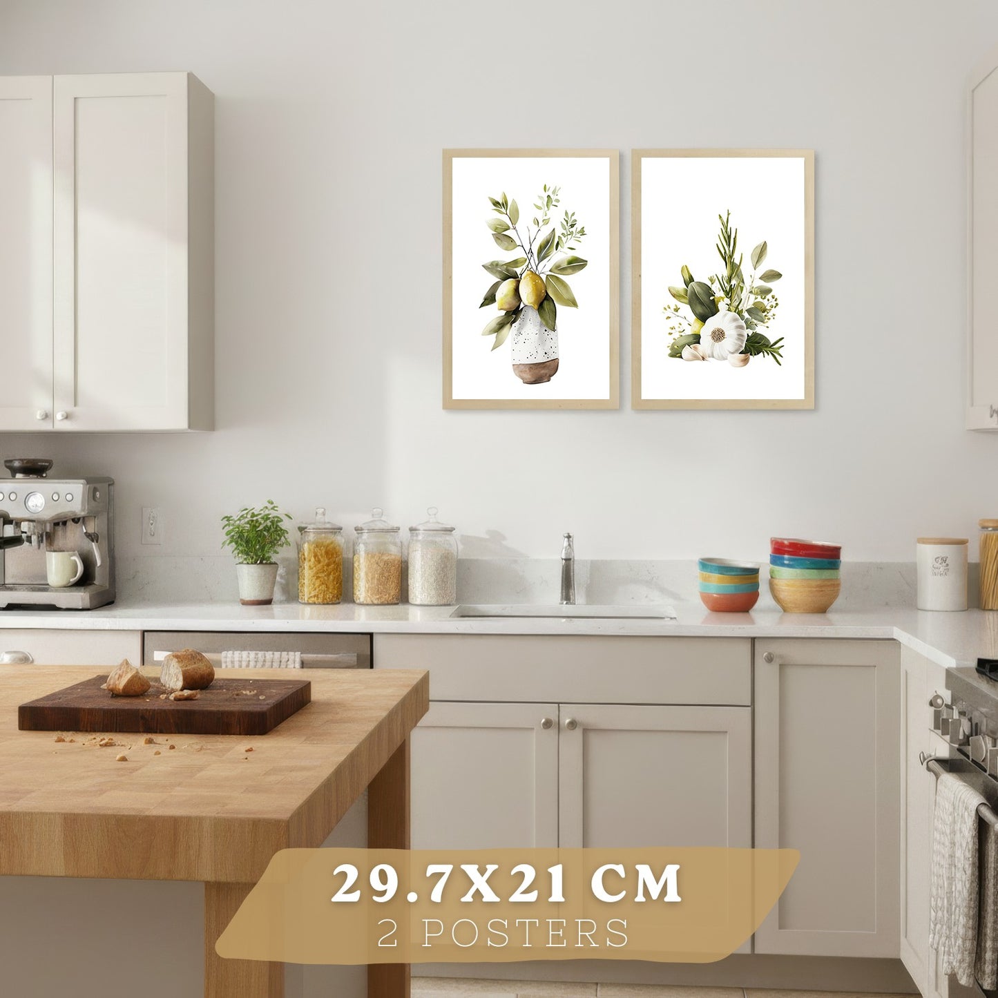 Set de 4 Láminas Cocina Mediterránea Acuarela Cuadros Pared Limones Ajo Aceitunas y Hierbas Aromáticas Póster Decoración Comedor