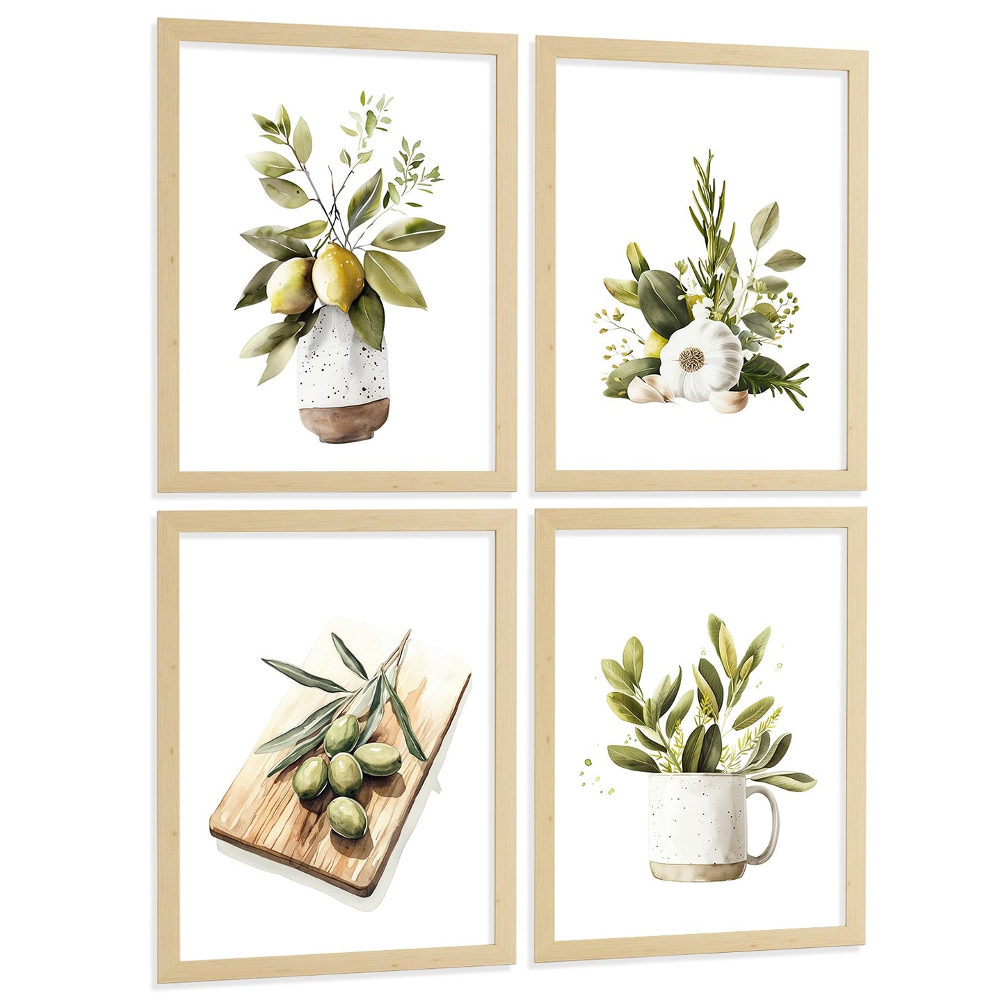 Set de 4 Láminas Cocina Mediterránea Acuarela Cuadros Pared Limones Ajo Aceitunas y Hierbas Aromáticas Póster Decoración Comedor