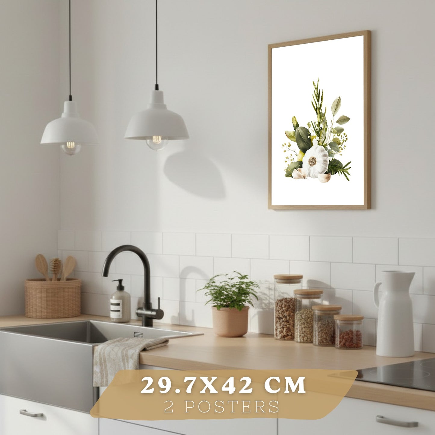 Set de 4 Láminas Cocina Mediterránea Acuarela Cuadros Pared Limones Ajo Aceitunas y Hierbas Aromáticas Póster Decoración Comedor