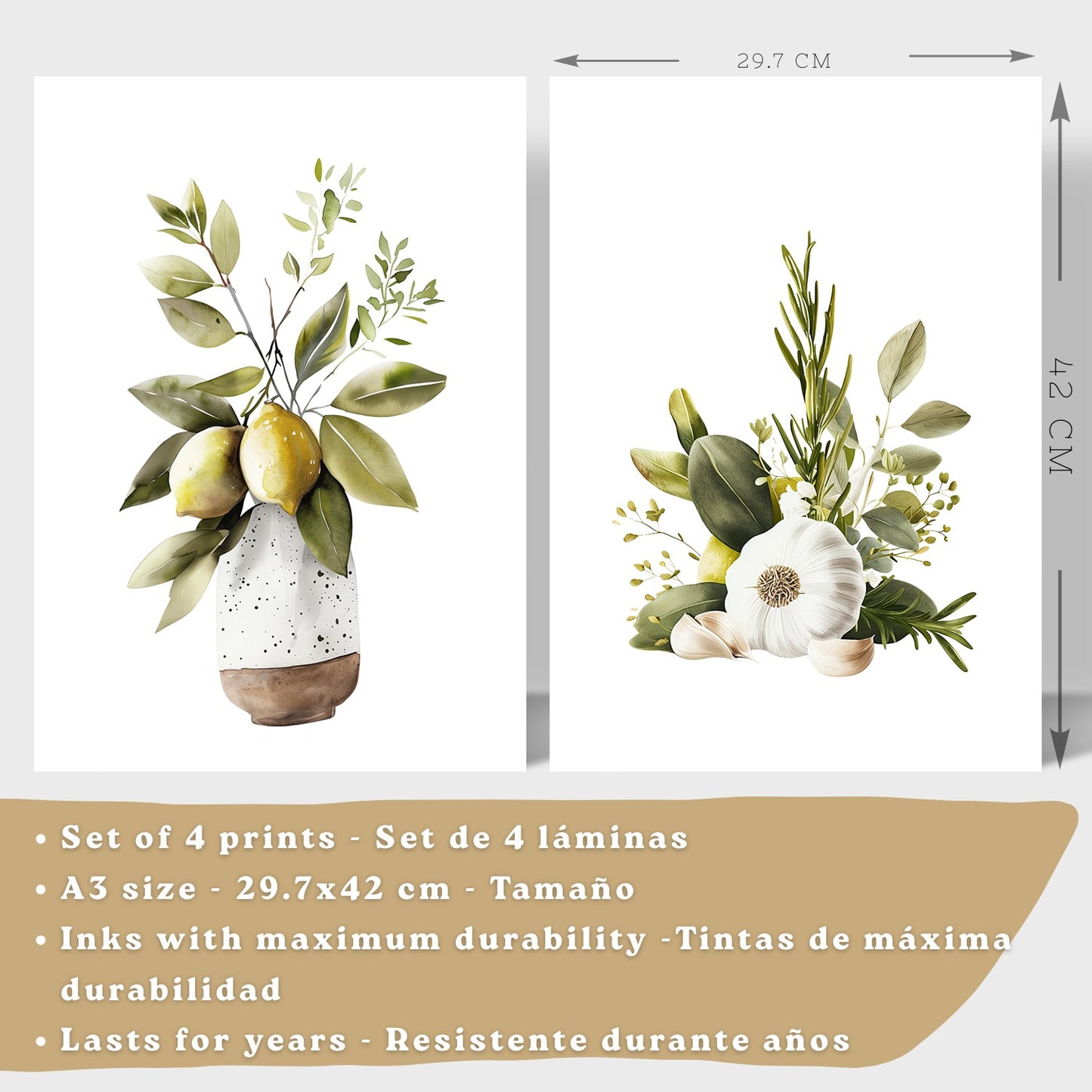 Set de 4 Láminas Cocina Mediterránea Acuarela Cuadros Pared Limones Ajo Aceitunas y Hierbas Aromáticas Póster Decoración Comedor