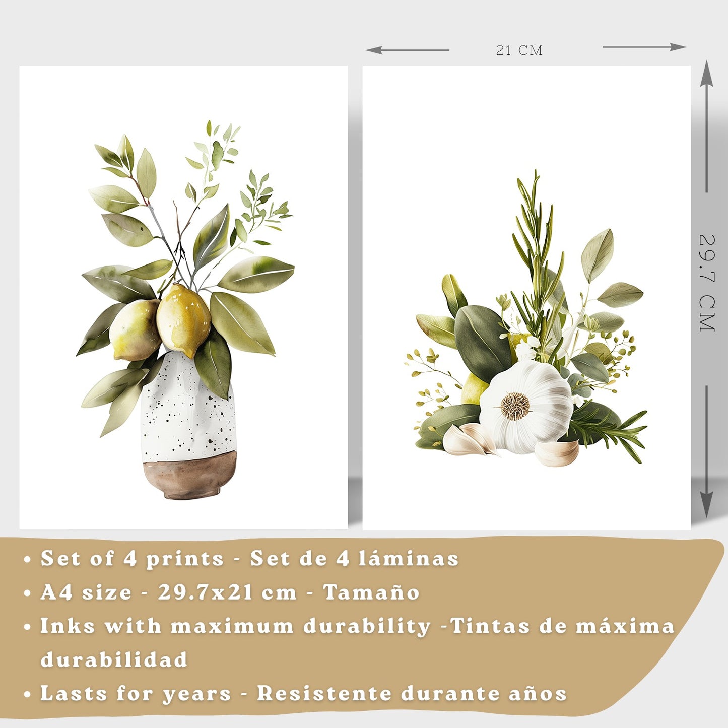 Set de 4 Láminas Cocina Mediterránea Acuarela Cuadros Pared Limones Ajo Aceitunas y Hierbas Aromáticas Póster Decoración Comedor