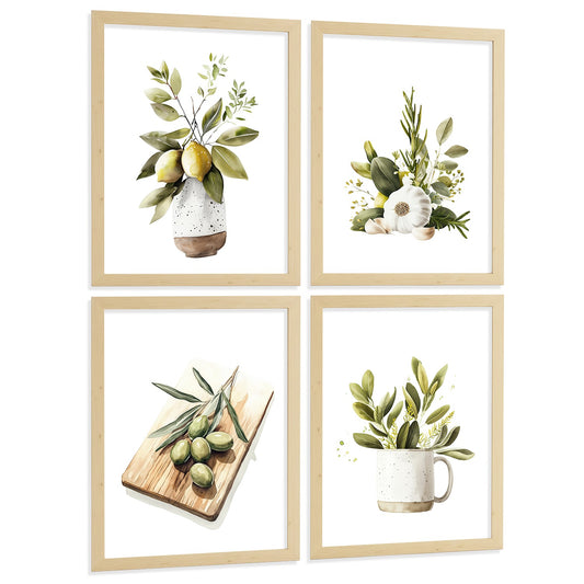 Set de 4 Láminas Cocina Mediterránea Acuarela Cuadros Pared Limones Ajo Aceitunas y Hierbas Aromáticas Póster Decoración Comedor