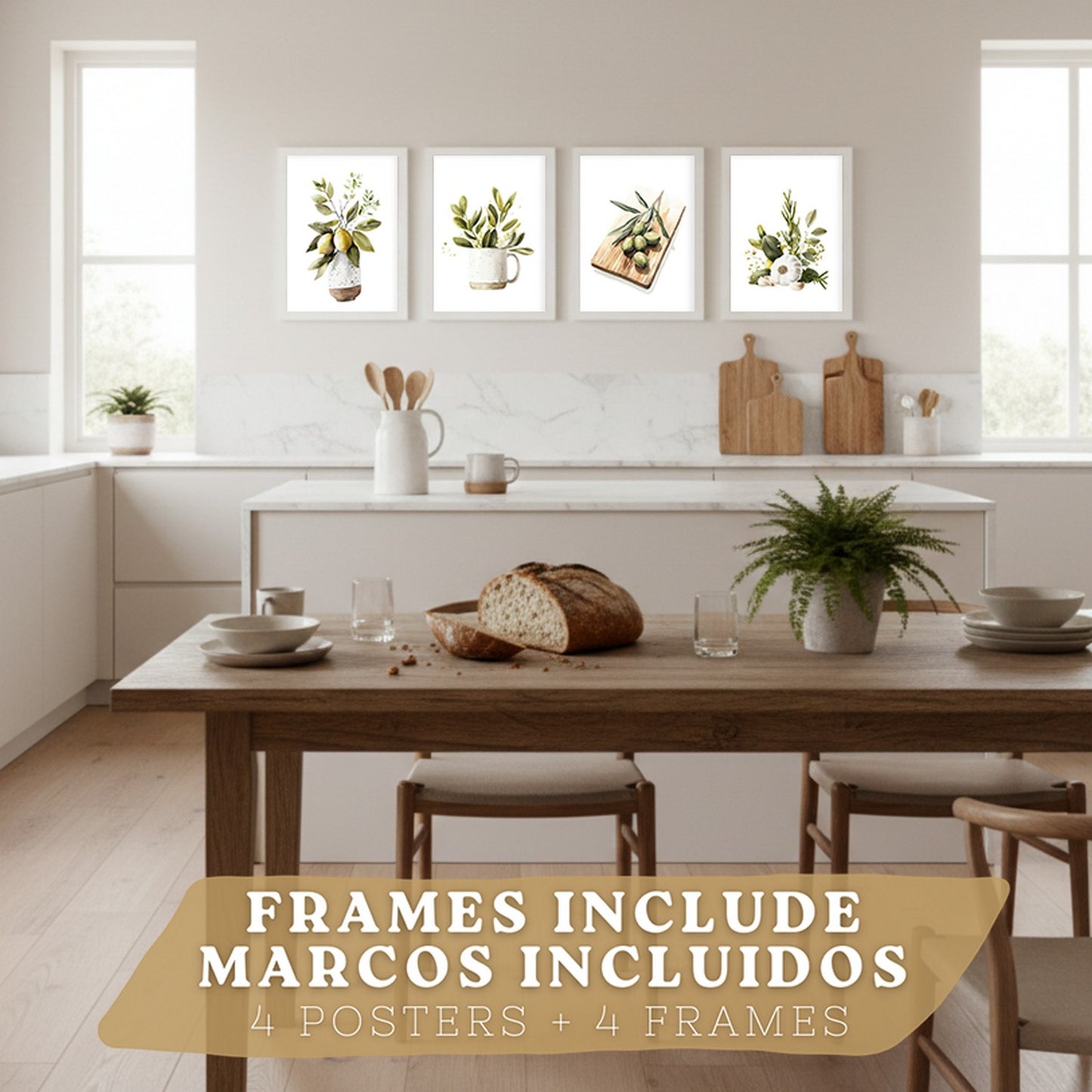 Set de 4 Láminas Cocina Mediterránea Acuarela Cuadros Pared Limones Ajo Aceitunas y Hierbas Aromáticas Póster Decoración Comedor