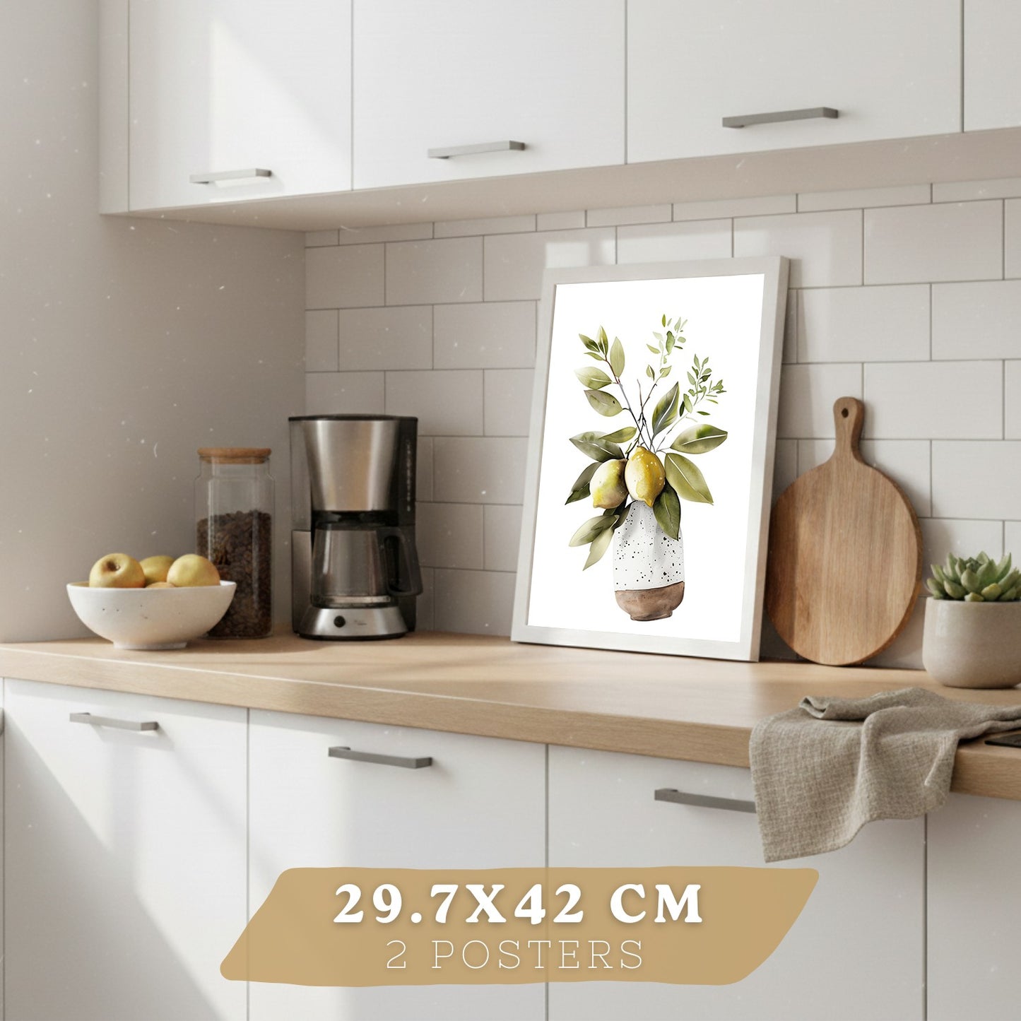 Set de 4 Láminas Cocina Mediterránea Acuarela Cuadros Pared Limones Ajo Aceitunas y Hierbas Aromáticas Póster Decoración Comedor