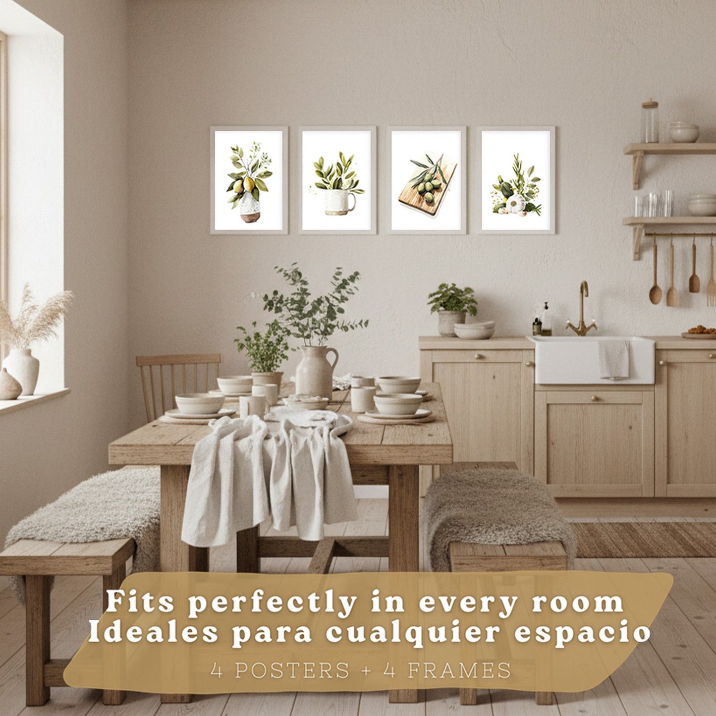 Set de 4 Láminas Cocina Mediterránea Acuarela Cuadros Pared Limones Ajo Aceitunas y Hierbas Aromáticas Póster Decoración Comedor