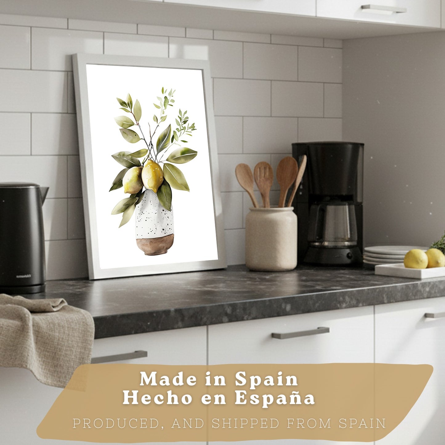 Set de 4 Láminas Cocina Mediterránea Acuarela Cuadros Pared Limones Ajo Aceitunas y Hierbas Aromáticas Póster Decoración Comedor