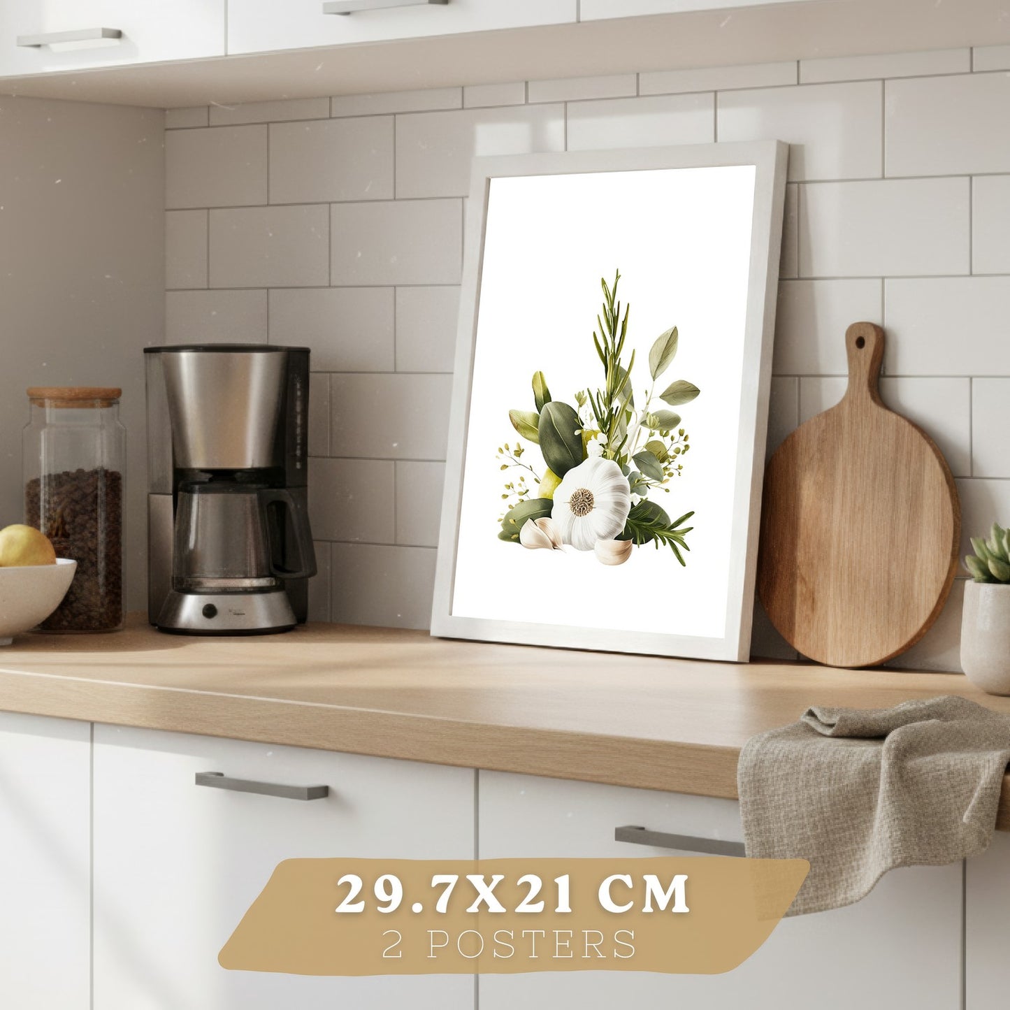 Set de 4 Láminas Cocina Mediterránea Acuarela Cuadros Pared Limones Ajo Aceitunas y Hierbas Aromáticas Póster Decoración Comedor