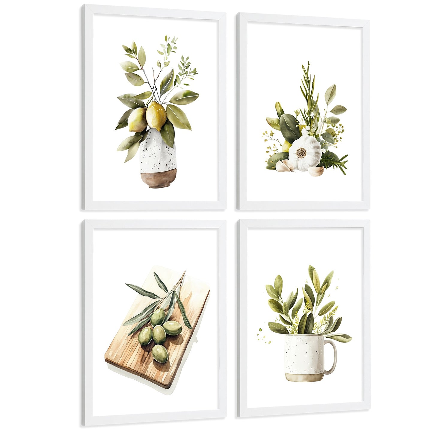 Set de 4 Láminas Cocina Mediterránea Acuarela Cuadros Pared Limones Ajo Aceitunas y Hierbas Aromáticas Póster Decoración Comedor